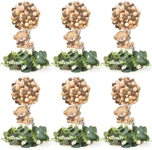 6 Set Baby Shower Bear Table Centerpieces Decortion Brown Bear with Eucalyptus Wreath Wood Slices Welcome Baby Table Toppers for Gender Reveal Boy Or Girl Party Favor by EYNDYN