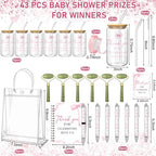 Reallnaive 6 Set Pink Bow Baby Shower Game Prizes for Player Winners Tumblers with Lids Straws Roller for Face Pens Spiral Notebooks Gift Bags for Baby Bridal Shower Wedding Game Favors - Image 4