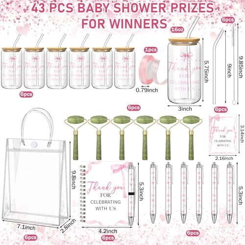 Reallnaive 6 Set Pink Bow Baby Shower Game Prizes for Player Winners Tumblers with Lids Straws Roller for Face Pens Spiral Notebooks Gift Bags for Baby Bridal Shower Wedding Game Favors - Image 4