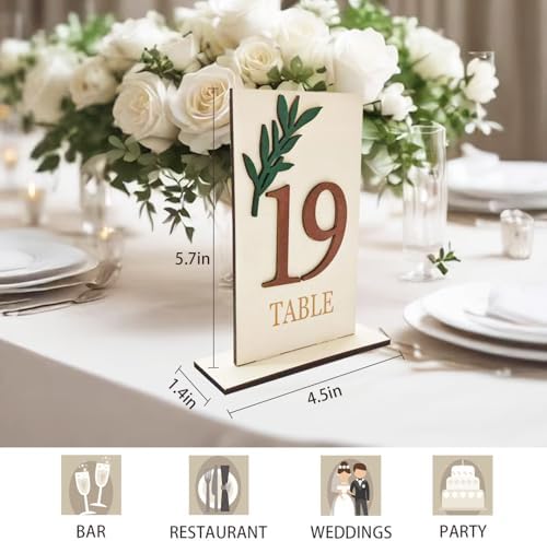 Wedding Table Numbers 1-20, Green Leaf Wooden Table Number Signs with Base - Image 3