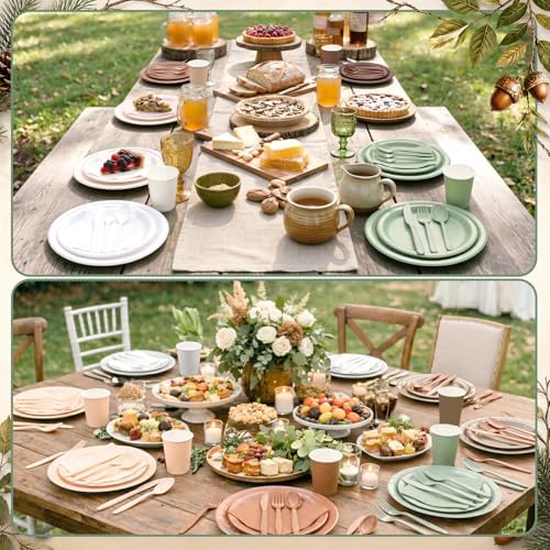 Mimorou 350 Pcs Green Brown Plates Cups Napkins Utensils Woodland - Image 6