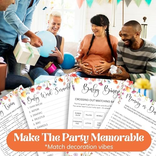 WOODAMORE Funny Baby Shower Games for Girl - Floral Baby Shower Bingo Cards for 25 Guests, Word Scramble Trivia Mommy Or Daddy Game, Wildflower Baby Shower Decorations Ideas (Pack of 2) - Image 5