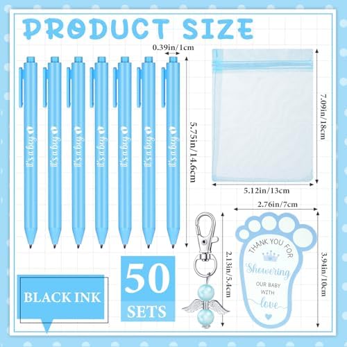 CTOSREE 250 Pcs Baby Favors - Includes Pens, Angel Keychains, Bags, Cards for Baby Shower, Gender Reveal (Blue, It's a Boy) - Image 2