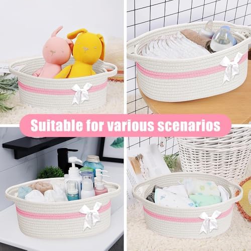 Gift Basket, Hamper Kit, Empty Hamper Basket with Cellophane Bags and Pull Bows, Rope Gift Baskets with Handles, Woven Gift Baskets for Baby Shower, Wedding, Birthday, Housewarming (White-pink) - Image 6