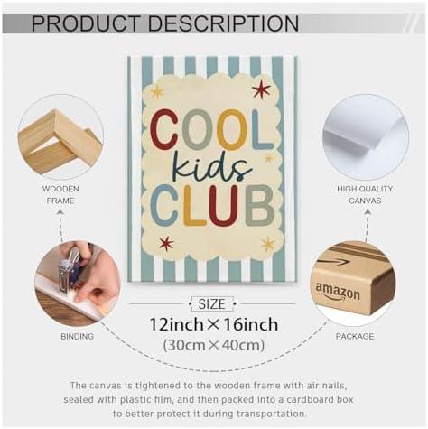 Wrapped Framed 12x16 inch Trendy Preppy Blue Striped Wall Art Cool Kids Club Quotes Poster Modern Funny Toddler Canvas Prints for Kids Playroom Bedroom Wall Decor - Image 2