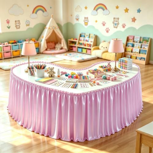 14ft Length Pink Satin Table Skirt for Rectangle Tables-Wrinkle Resistant Ruffle Table Skirting Glitter Teacher Desk Cover Skirt for School Classroom Dorm Girls Birthday Party Cake Dessert Decorations - Image 3