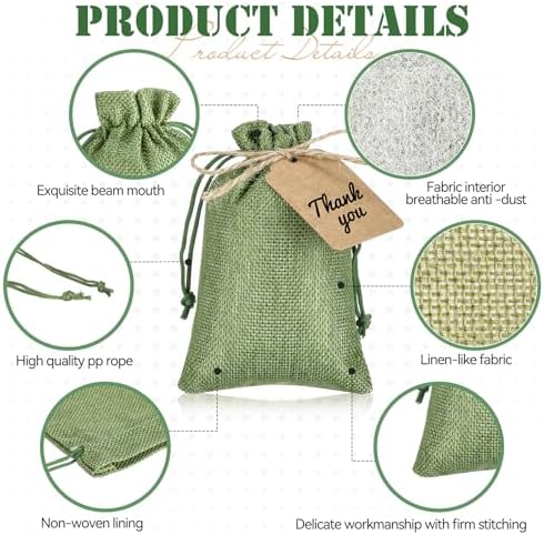 Woanger 100 Pcs Drawstring Burlap Gift Bags 4x6'' with Tags, Dark Green - Image 3