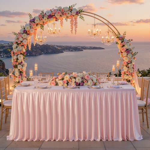 Wish Care Blush Pink Polyester Table Clothes for 4 Foot Rectangle Tables, Wrinkle Free Fitted Table Cover with Pleated Ruffle Table Skirt for Birthday Party Wedding Trade Show Event Display - Image 6