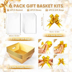 AFOROEOA 6PACK Gold Baskets for Gifts Empty, 12x10x4” Thick Cardboard Gift Basket Kit with 6 Bows & 6 Bags - Kraft Empty Gift Baskets for Christmas, Weddings, Birthdays, Holiday Gifting - Image 4