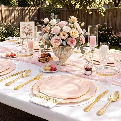NOCCUR 175PCS Pink Plates with Gold Disposable Silverware - Include 50 Pink Plastic Plates,25 Knives,25 Forks,25 Spoons,25 Cups and 25 Napkins - Ideal for Party/Wedding/Banquet/Baby Shower (Pack of 2) - Image 2