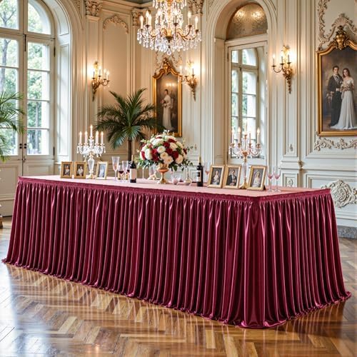 17ft Length Satin Burgundy Table Skirt Rectangle Tables, Wrinkle Free Pleated Ruffle Table Cloth Glitter Desk Skirting for Weddings Birthday Party Satge Banquet Dining Table Decorations - Image 6