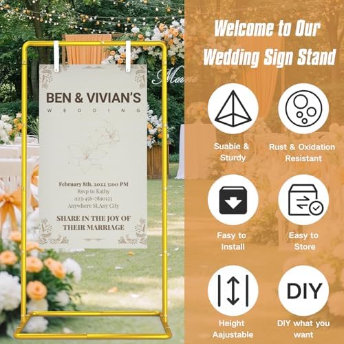 Wedding Sign Holder Adjustable Welcome to Our Wedding Sign Stand 68”x31”x 20”Heavy Duty Metal Easel for Signs,Include 6 Sign Hanging Straps &Storage Bag& for Signs& Seating Charts & Event Decor(Gold) - Image 4