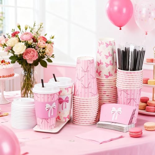 Jingmore 100 Set Pink Bow Coffee Cups with Lids, Straws and Sleeves Pink Bowknot Disposable Drinking Cup for Wedding Coquette Birthday Baby Shower Bachelorette Party Supplies (16 oz) - Image 2