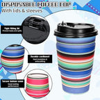 Whaline 50 Sets Mexican Serape Fiesta Disposable Coffee Cups with Lids and Sleeves Mexican Carnival Themed Rainbow Colors Striped Paper Drinking Cups for Cinco De Mayo Birthday Party Supplies - Image 3