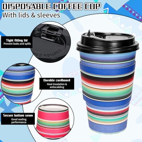 Whaline 50 Sets Mexican Serape Fiesta Disposable Coffee Cups with Lids and Sleeves Mexican Carnival Themed Rainbow Colors Striped Paper Drinking Cups for Cinco De Mayo Birthday Party Supplies - Image 3