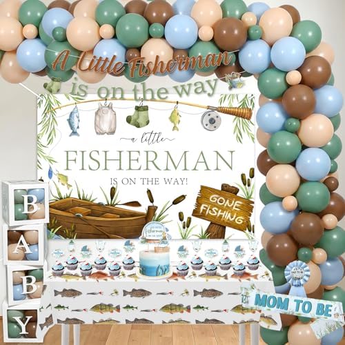 Fishing Baby Shower Decoration, A Little Fisherman is on the Way Backdrop Cupcake Cake Topper Sash Pin Box Table Cloth Latex Balloon Garland Arch Kit for Gone Fishing Baby Shower Supplies by kreat4joy