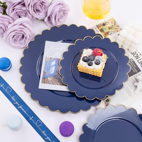 LIYH 60 Pcs Navy Blue Plastic Scalloped Plates with Gold Rim, Blue and Gold Disposable Patriotic Plates for Party Included 30 Dinner Plate 10.25 30 Dessert Plate 7.5 Inch for Party - Image 5