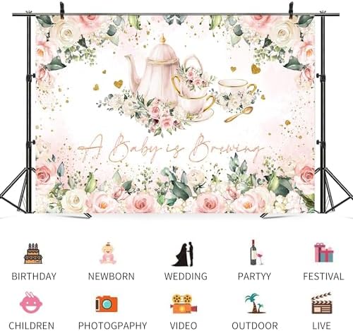 12x6ft Baby Shower Backdrop A Baby is Brewing Photography Background White Floral Pink Teapot Tea Party Theme Banner Decorations Rose Flower Green Leaf Golden Glitter Heart Photo Booth Prop - Image 3