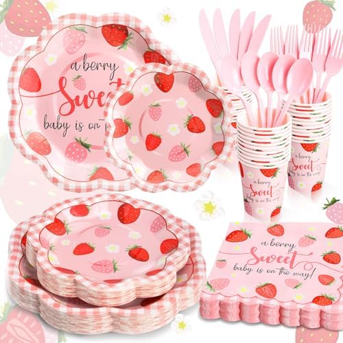 Strawberry Baby Shower Decorations for Girl, Baby Shower Plates and Cups and Napkins Sets Serves 50, Strawberry Plates, A Berry Sweet baby Is On The Way Decorations, Berry Sweet baby shower by Gudvilla