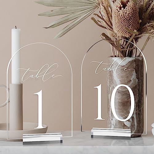 Clear Arch Table Numbers for Wedding, 5x7 Inch Arched Acrylic Table Numbers 1-10 with Stands, Clear Acrylic Arch Sign with Holder for Centerpiece, Reception, Wedding, Party, Event by JINMURY
