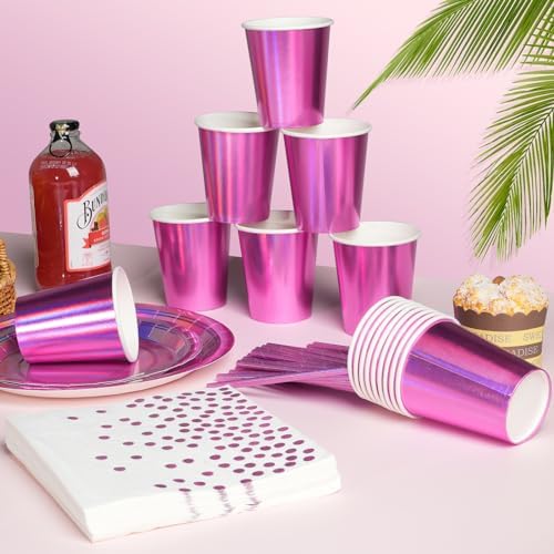 Iridescent Pink Party Supplies Decorations Serve100, Hot Pink Holographic Paper Plates and Napkins Set, Disposable Pink Paper Plates Cups Knives Spoons Fork for Mermaid Disco Kpop Birthday Party Decor - Image 4