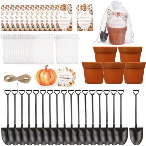 24 Sets Little Pumpkin Baby Shower Favor Kit, Mini terracotta-colored plastic flower pots with Seed Envelopes, Organza Bags, Thank You Tags, Jute Twine, Mini Garden Shovels, Fall Pumpkin Themed Plant by Rokochoes