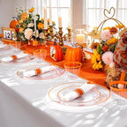 SUT 350Pcs Orange and Clear Plastic Dinnerware Set for 50 Guests, Include: 50 Dinner Plate, 50 Dessert Plates, 50 Pre Rolled Napkins With Silverware, 50 Cups, Disposable Plates for Party - Image 5