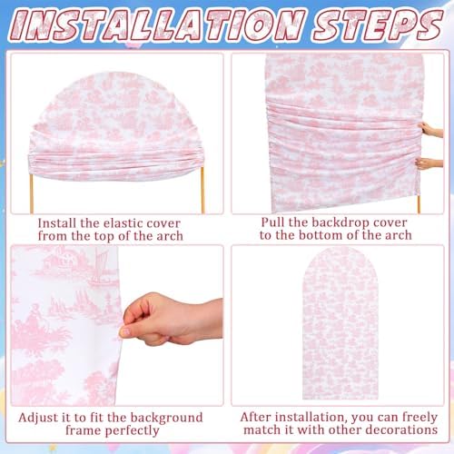 Remagr 2 Pcs Toile De Jouy Pink Floral Arch Backdrop Cover (7.2ft, 6ft) - Image 6