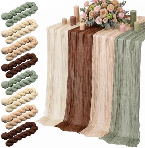 8 Pcs Sage Green and Brown Cheesecloth Table Runner 118" by Windkream