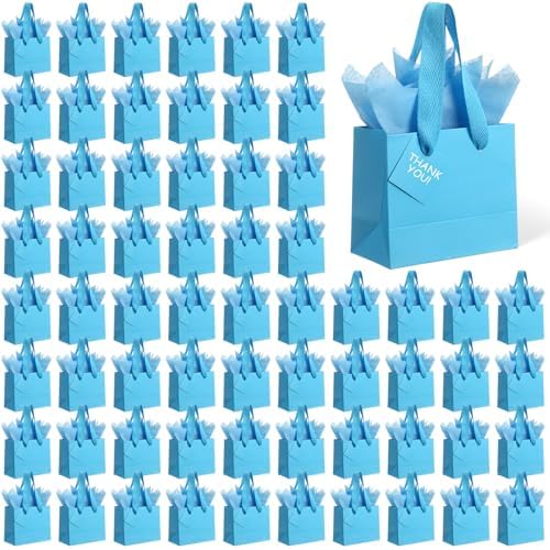 Qilery 50 Pcs Wedding Paper Gift Bags Bulk with Tissue Paper Small Gift Bags with Handle and Tags for Birthday Wedding 4th of July Party Business(Light Blue,4.7 x 2.4 x 3.9'') by Qilery