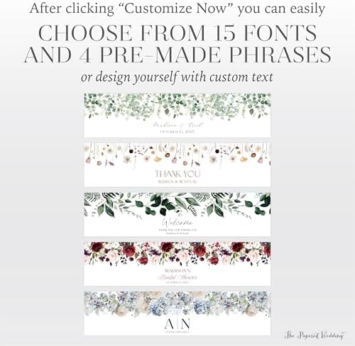 Personalized Water Bottle Labels with Choice of 30 Flower Styles - Choose Font and Pre-Made Phrases or Design Custom Text - LABELS ONLY (021 Blue Flowers, 2 inch (8.5x2")) - Image 4