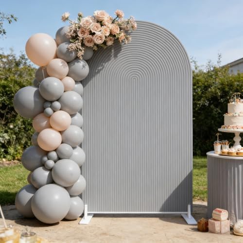 Double-Sided Arch Frame Fabric Cover Beige White Ripples Arched Panel Stand Cover for Wedding Birthday Baby Shower Parties Decoration (Grey-HP813,3X6.5ft) by AOSTO