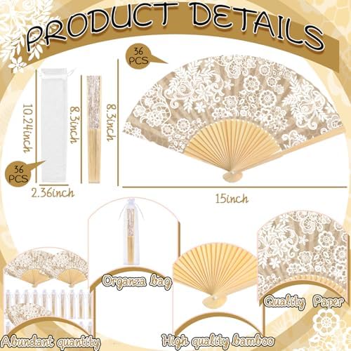 Vercraft 36 Set Wedding Hand Fans for Guests Bulk Vintage Lace Paper Fan Retro Kraft Floral Folding Fans with Organza Bags Thank You Gifts Party Favor for Wedding Ceremony Bridal Shower Bridesmaid - Image 2
