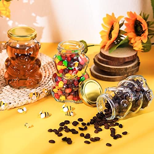 Patelai 24 Pack 9.5 oz Glass Bear Shaped Honey Jars with Lids Reusable Small Tilted Bear Glass Bottles Containers Dispenser for Candies, Birthday Wedding Party Favors(Classic, Gold) - Image 5