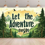 Rustic Hand Drawn Let The Adventure Begin Backdrop Sunset Mountain Pine Tree Forest Photo Background Open Book Birds Adventure Themed Boys 1st Birthday Camping Party Photography Booth Banner，B：9X6FT - Image 6