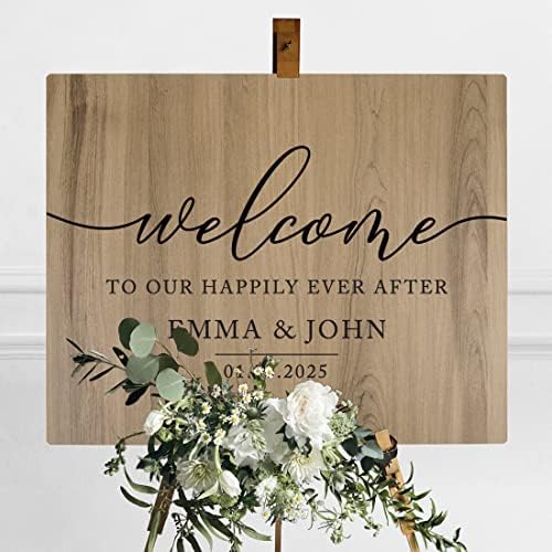 Andaz Press Personalized Large Wooden Welcome Sign for Wedding Rustic Welcome Sign 16" x 20" Custom Names Happily Ever After Wedding Signage English Oak MDF Wood Finish Reception Indoor Outdoor Signs - Image 3