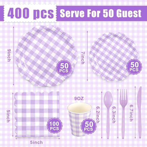 Funnymoom 400 Pcs Gingham Party Supplies for 50 Guests Purple and White Paper Plates and Napkins Knives Spoons Forks Cups Disposable Checkered Dinner Party Set Cutlery for Baby Shower Wedding Favor - Image 3