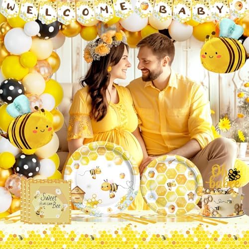 Party Inspo Bee Baby Shower Decorations, Honey Bee Baby Shower Supplies, A Little Honey Bee is On The Way Decorations Backdrop Balloon Banner Tablecloth Cake Topper Plates Napkins Forks Yellow 203PCs - Image 6