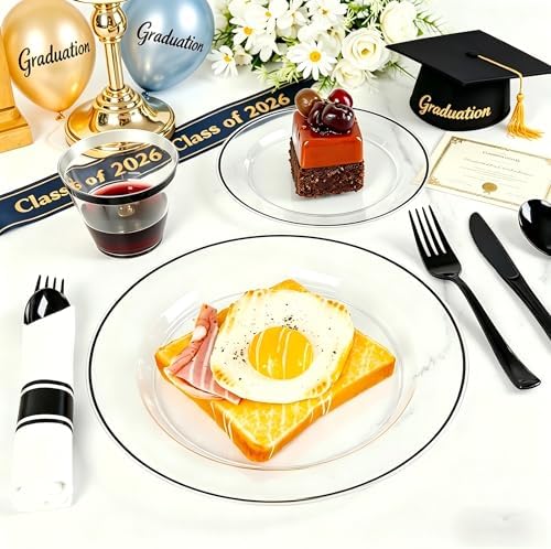 SUT 175 Pcs Black and Clear Plastic Dinnerware Set for 25 Guests, Include: 25 Dinner Plates, 25 Dessert Plates, 25 Pre Rolled Napkins With Silverware, 25 Cups, Disposable Plates for Party - Image 5