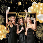 Black and Gold Happy Birthday Party Decoration Backdrop - 10x8ft Golden Balloons Glitter Birthday Backdrop for Women Men Photo Background Banner Extra Large Wall Decor - Image 3