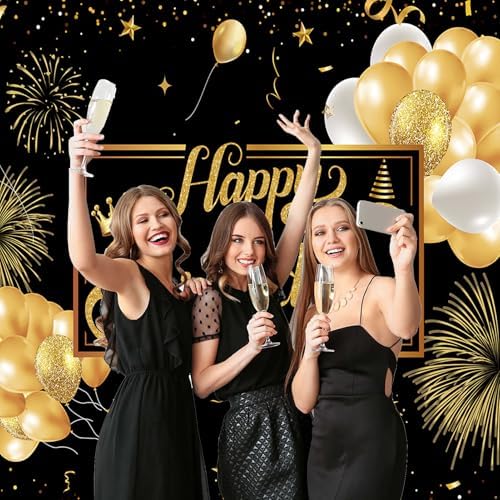 Black and Gold Happy Birthday Party Decoration Backdrop - 10x8ft Golden Balloons Glitter Birthday Backdrop for Women Men Photo Background Banner Extra Large Wall Decor - Image 3