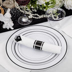 WELLIFE 350Pcs Black Plastic Dinnerware with Pre Rolled Napkins, Include:50 Dinner Plates, 50 Dessert Plates, 50 Paper Napkins, 50 Cups, 150 Plastic Cutlery - Image 7