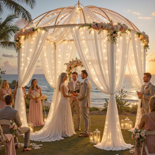 10ft x 10ft Cream White Chiffon Backdrop Curtain with Lights String for Parties,2 Panels Sheer Tulle Curtain Wedding Backdrop for Baby Shower Birthday Party Ceremony Reception Home Decorations - Image 6