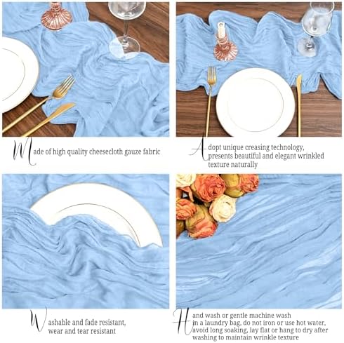 24 Pack Light Blue Table Runner 10Ft Cheesecloth Table Runner Rustic Gauze Table Runners Romantic Long Sheer Fabric Cheese Cloth Table Runners for Wedding Party Bridal Baby Shower - Image 3