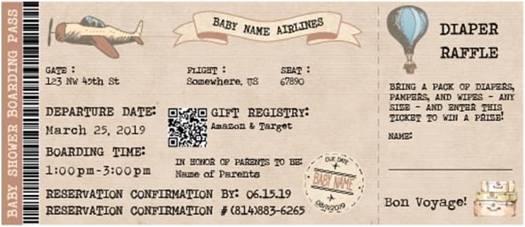 Baby Shower Ticket Invitation, Boarding Pass Ticket, Plane TicketPrintable Invitation, Digital Download, Diaper Raffle, Travel Invitation by Kitty%27s+Hand+Krafted