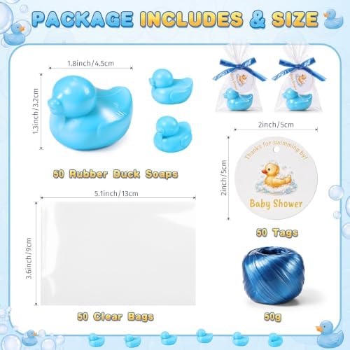 Leelosp Duck Soap Party Favors Gift with Transparent Bags and Thanks Tag for Baby Shower Guest Reveal Baptism Shower Wedding Birthday Summer Party Favor Decorations Supplies(50 Sets,Blue) - Image 3