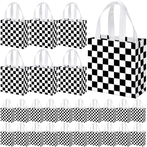 Lingvee 50 Pack Checkered Racing Gift Bag Bulk Black and White Checkered Flag Reusable Tote Bags with Handle Race Car Non Woven Candy Bags for Race Car Themed Birthday Party Decorations Supplies by Lingvee