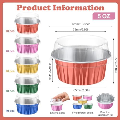 200 Pack Aluminum Cupcake Liners with Lids,Multicolor,Plain - Image 3