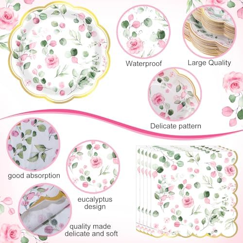 400 Pcs Sage Green Plate and Napkin Party Supplies, Pink, Grace - Image 2