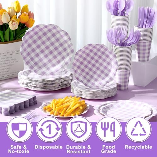 Funnymoom 400 Pcs Gingham Party Supplies for 50 Guests Purple and White Paper Plates and Napkins Knives Spoons Forks Cups Disposable Checkered Dinner Party Set Cutlery for Baby Shower Wedding Favor - Image 5